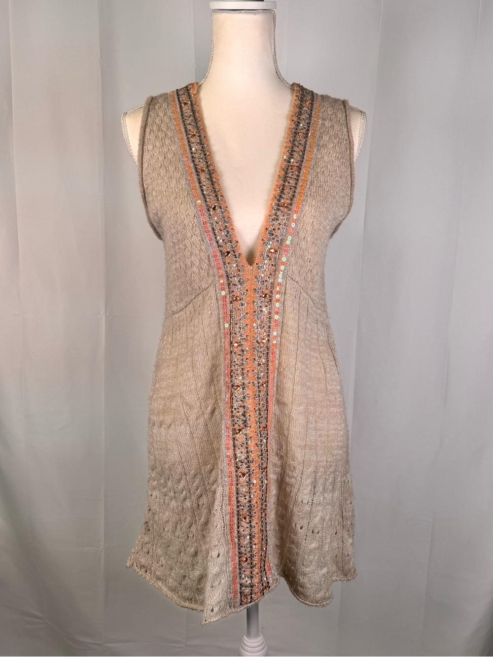 Free People Embellished Knit Tunic Dress Boho Sequin Beaded Medium
